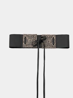 Zara Vintage-Inspired Black Leather Western Belt with Ornate Silver Buckles